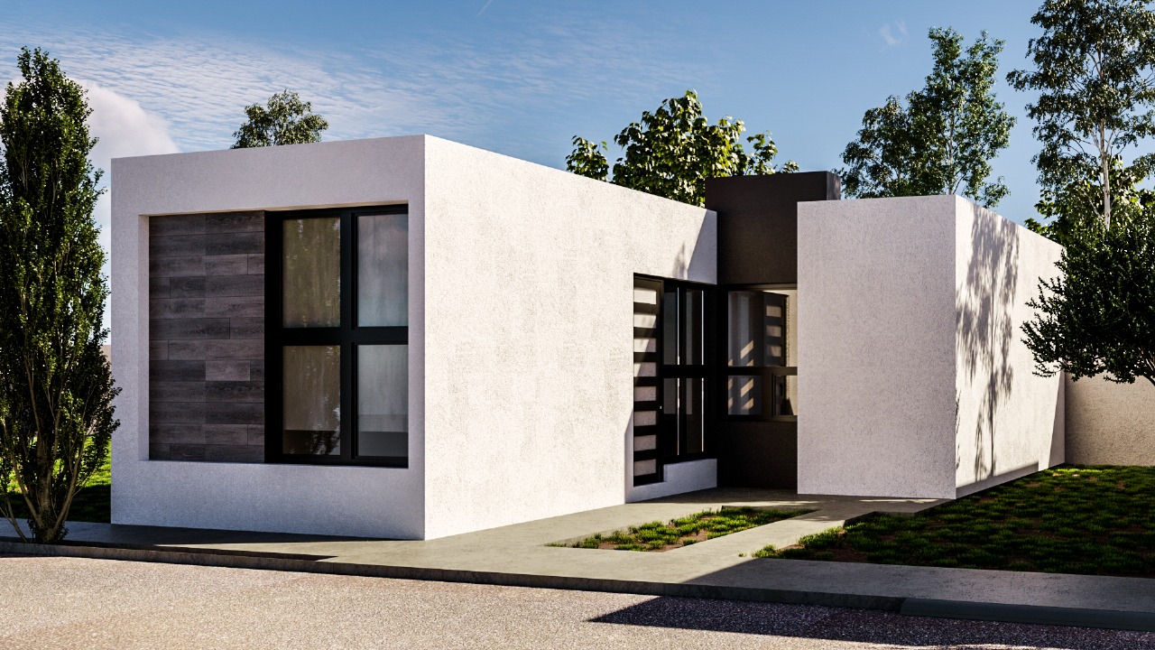 Fachada frontal de la casa modelo Lisboa F2 en Fracc. Residencial Puerta Real 3, Soledad de Graciano Sánchez, SLP — 3 recámaras, 1 baño.