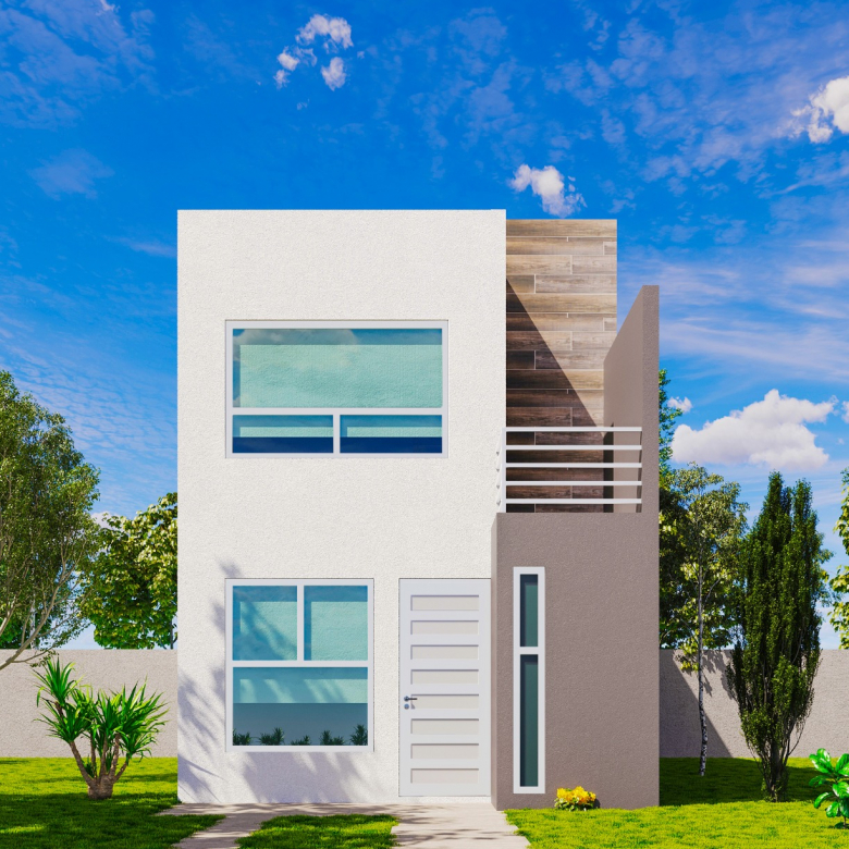 Fachada de la casa Modelo DIANA 2R en Albea Coto 3, San Luis Potosí — 2 niveles, cochera y patio de servicio.