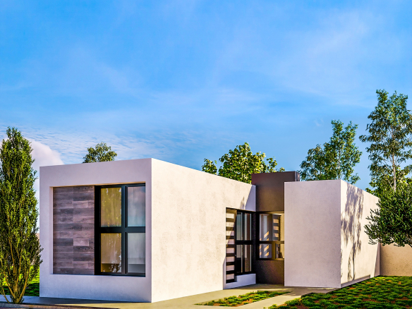 Fachada de la casa modelo Lisboa en Albea Coto 3, San Luis Potosí — 3 recámaras, patio de servicio y cochera.