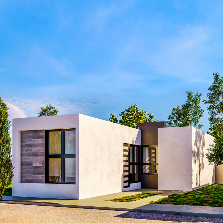 Fachada de la casa modelo Lisboa en Albea Coto 3, San Luis Potosí — 3 recámaras, patio de servicio y cochera.