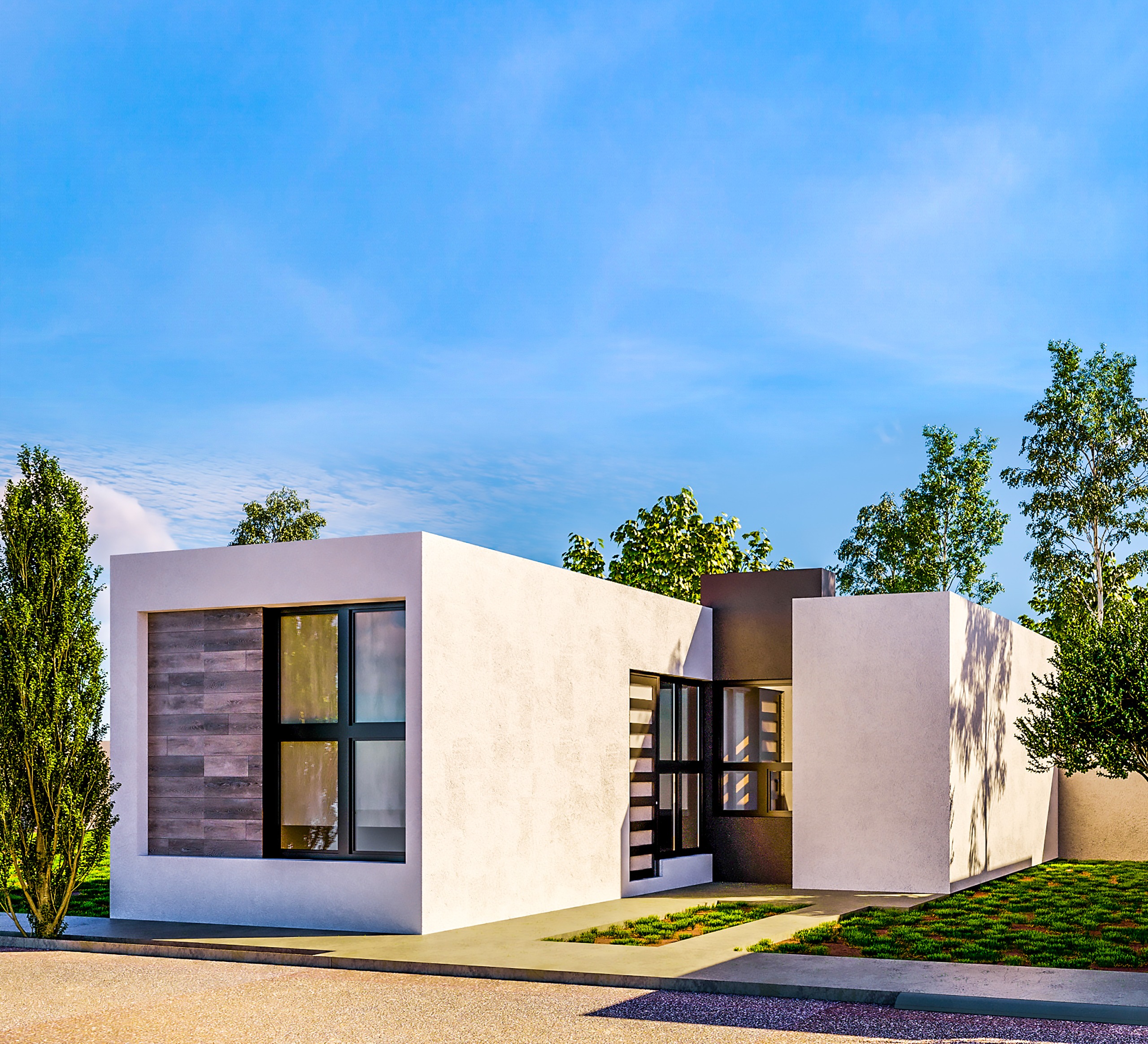Fachada de la casa modelo Lisboa en Albea Coto 3, San Luis Potosí — 3 recámaras, patio de servicio y cochera.