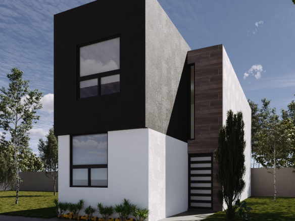 Fachada de la Casa Modelo Roma en Fraccionamiento Residencial Puerta Real 3, Soledad de Graciano Sánchez, San Luis Potosí — 3 recámaras.