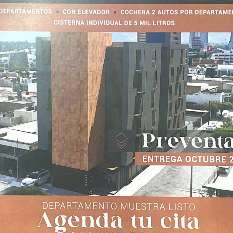 Fachada y vista interior de departamentos en preventa en Col. Cuauhtémoc, San Luis Potosí — entrega Octubre 2025.