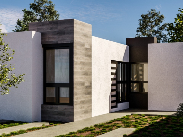 Fachada de la casa Modelo Lisboa F1 en Fracc. Puerta Real 3, Soledad de Graciano Sánchez, San Luis Potosí.