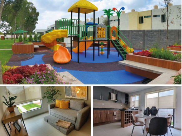 Fachada de casa dúplex en Avantho Residencial, Soledad de Graciano Sánchez, SLP — casa club, alberca y áreas infantiles