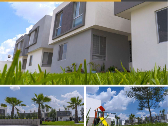 Fachada y áreas comunes de Duvar Residencial: casa dúplex con alberca y jardines.