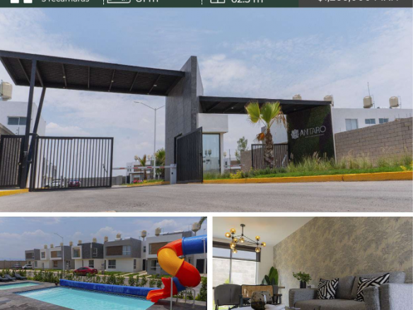 Fachada de casa dúplex en Antaro Residencial, Pozos, SLP, con áreas comunes y alberca.