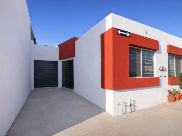 Casa moderna en venta en Fraccionamiento Los Viñedos 1, Soledad de Graciano Sánchez, SLP - Fachada con acceso controlado.