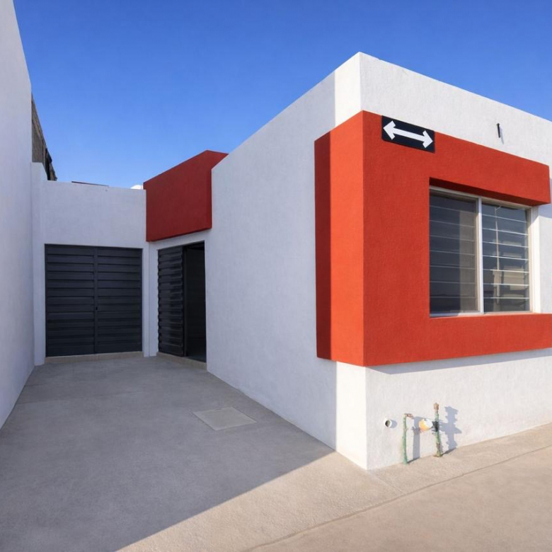 Casa moderna en venta en Fraccionamiento Los Viñedos 1, Soledad de Graciano Sánchez, SLP - Fachada con acceso controlado.