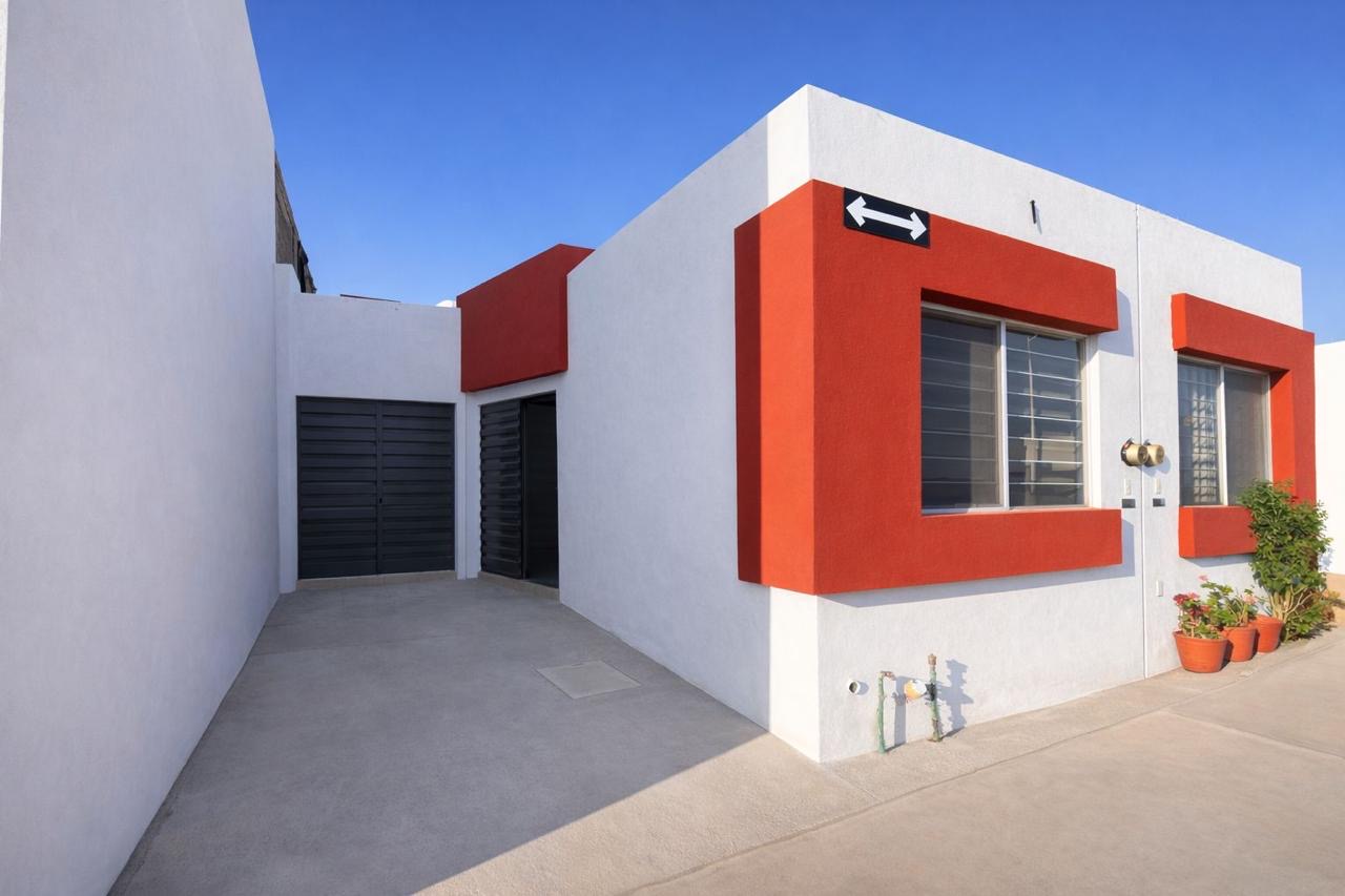 Casa moderna en venta en Fraccionamiento Los Viñedos 1, Soledad de Graciano Sánchez, SLP - Fachada con acceso controlado.