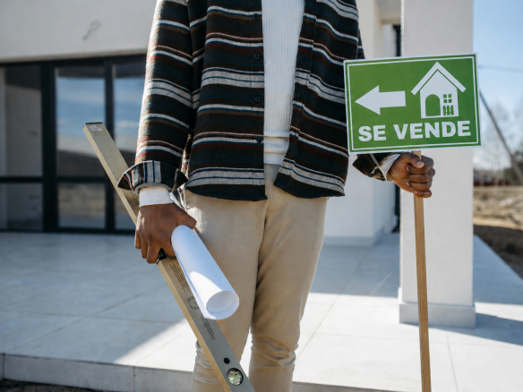 Hombre sosteniendo letrero de se vende frente a la fachada de una casa en San Luis Potosi.