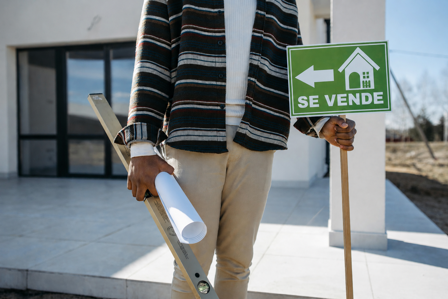 Hombre sosteniendo letrero de se vende frente a la fachada de una casa en San Luis Potosi.