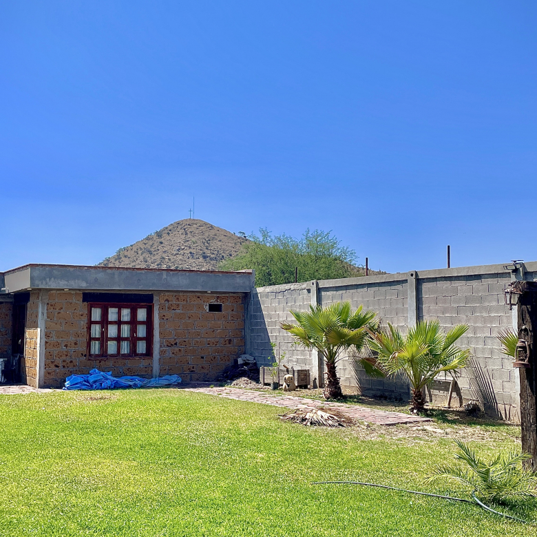 Quinta campestre en venta en Villa de Reyes, SLP - Vista del amplio jardín con alberca, palmeras y área de asador.