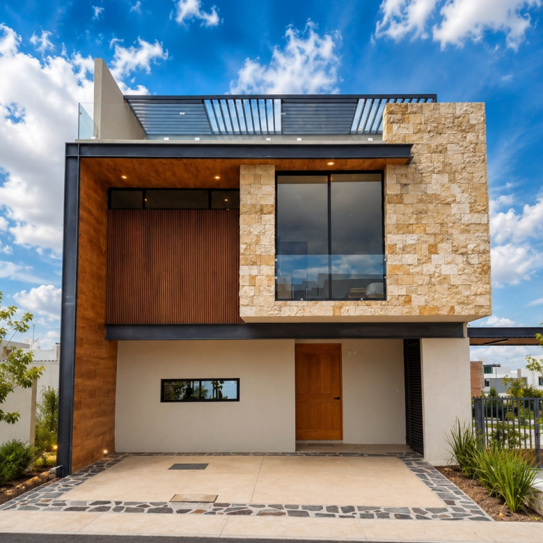 Casa Modelo Vidan en venta en Kallio Privada Premium, Villa Magna, San Luis Potosí - Fachada de 3 niveles y acabados residenciales.