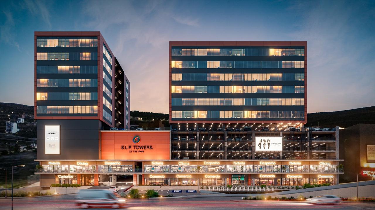 Local comercial en venta o renta en SLP Towers at The Park, San Luis Potosí, fachada y zona comercial.